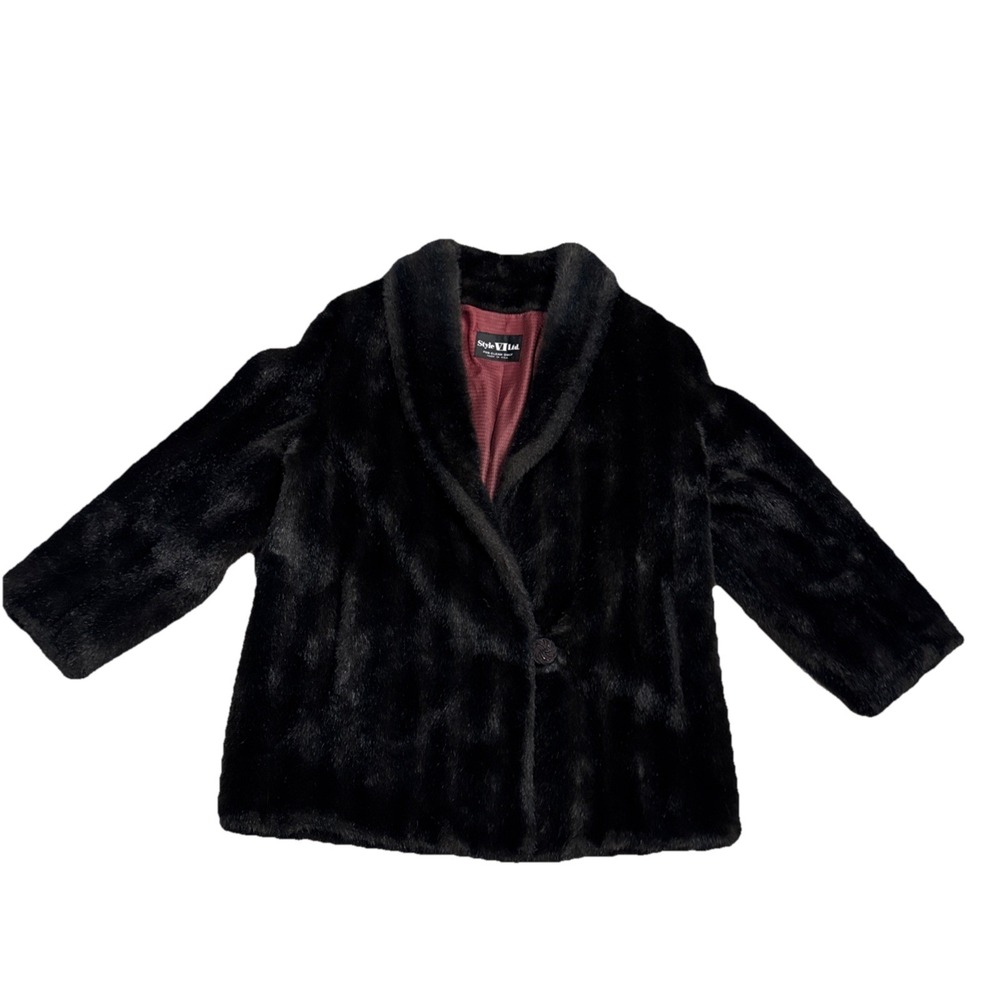 Vintage Black Faux Fur Coat Style VI Ltd Maroon Lining Jacket EUC